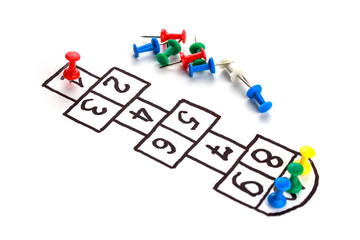 hopscotch game, three at the finish one at the start