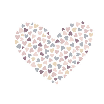 Vector background with small pastel hued hearts arranged in hearty shape isolated on white. Romantic childish art for Valentine Day. Love hearty backdrop.