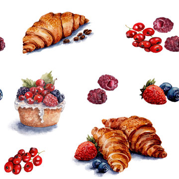 Seamless pattern with the image of croissants and berries raspberries, strawberries, currants and blueberries. Watercolor.