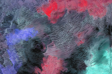 Hand-drawn texture, monotype, abstract background gouach painting, paint splashes, drops, strokes in grey, black, purple, red, green colors. Design for backgrounds, wallpapers, covers and packaging.