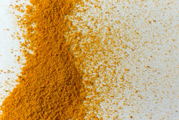Ground turmeric. Spice orange powder on a white background.