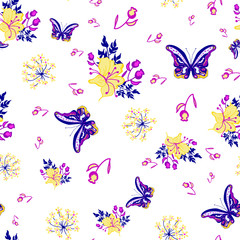 Fototapeta na wymiar Vector White background butterflies bouquets flower garden seamless pattern illustration for birthday, fabric, party, event, decoration, gift wrap, scrapbook project, print, wallpaper, textile design