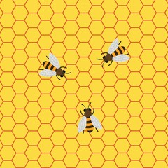 Honey Background with Bees Working on a Honeycomb