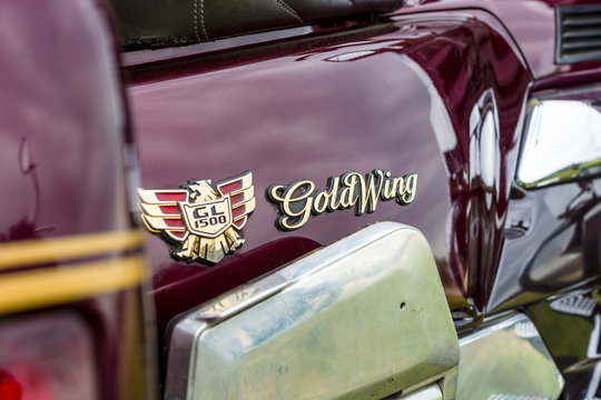 PAAREN IM GLIEN, GERMANY - JUNE 03, 2017: Emblem of a touring motorcycle Honda Gold Wing GL1500. Exhibition "Die Oldtimer Show".
