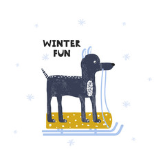 Funny dog with sleigh. Winter holiday graphic. Vector hand drawn illustration.