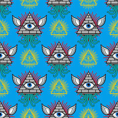 Fototapeta na wymiar Pyramid with an eye pattern seamless. All-seeing eye background. Symbol of world government. Illuminati conspiracy theory texture. sacred sign ornament