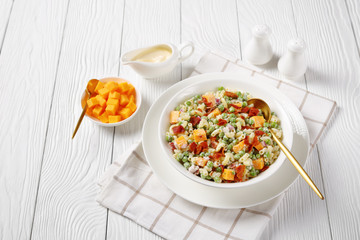 macaroni salad with green peas, fried bacon