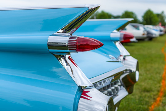 PAAREN IM GLIEN, GERMANY - JUNE 03, 2017: Rear stoplights of a full-size luxury car Cadillac Coupe DeVille, 1959 (focus in the foreground) Exhibition "Die Oldtimer Show".