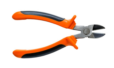 New wire cutters with orange black rubber handles isolated on white background. Electrician tool...