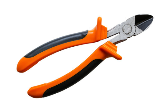 Metall wire cutters with orange black rubber handles isolated on white background. Electrician tool for repair and construction.