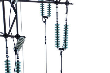 Overhead power line plates and pylon isolated on white background