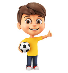 Cartoon character little boy holds a soccer ball and shows thumb up on a white background. 3d render illustration.