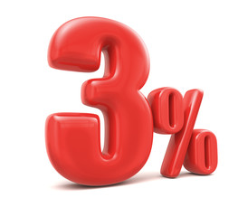 3d render illustration. Red three percent on a white background.