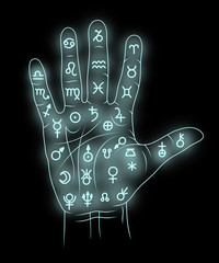 Naklejka premium Hand in the symbols of alchemy