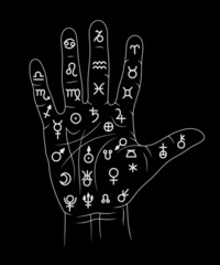 Obraz premium Vector hand in the symbols of alchemy