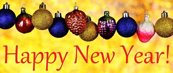 Happy New year, banner of toys and bright bokeh lights holiday background. Decoration for creative...