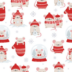 Vector seamless pattern with hand drawing cute winter rats in cozy clothes. Creative background with funny mice for New 2020 Year