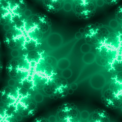 Abstract neon snowflakes fractal mesh background. Green on black point cloud. Technological cyberspace background.