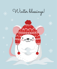 Vector poster with hand drawing cute winter rat in cozy clothes. Creative banner with funny mouse for New 2020 Year.