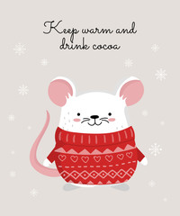 Vector poster with hand drawing cute winter rat in cozy clothes. Creative banner with funny mouse for New 2020 Year.