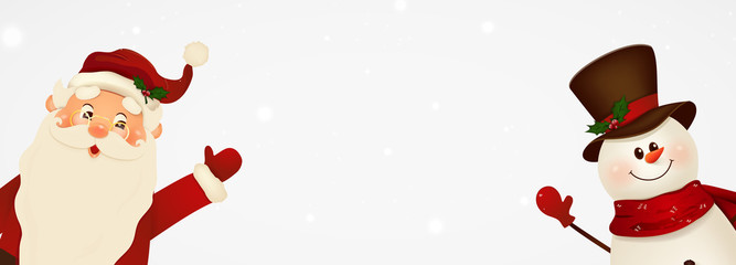 Happy smiling Santa Claus and cute snowman with signboard, advertisement banner. Cartoon Santa Claus character with white copy space. Christmas background. vector illustration