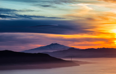 Sunset on the Mediterranean Sea with a view of Sicily.