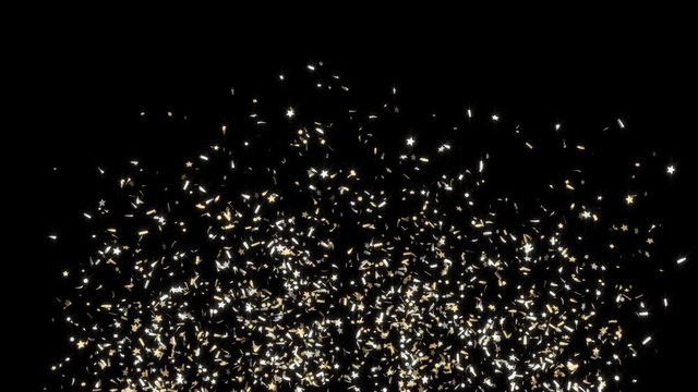 Gold festive confetti explosions fall on a black and green background. Alpha animation. Slow motion.