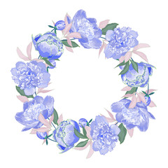 Round frame of violet flowers peonies and green leaves. Isolated on a white background. Place for text. Wreath for your design, greeting cards, invitation. Vector stock illustration.