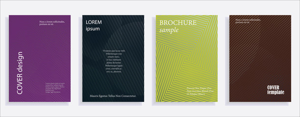 Minimalistic cover design templates. Set of layouts for covers of books, albums, notebooks, reports, magazines. Line halftone gradient effect, flat modern abstract design. Geometric mock-up texture