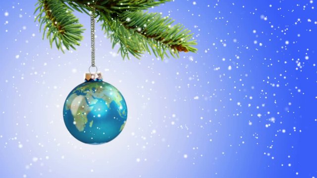 Animated earth globe Christmas ornament rotating as is hangs from the branch of an evergreen tree. Earth surface map courtesy of NASA: http://visibleearth.nasa.gov