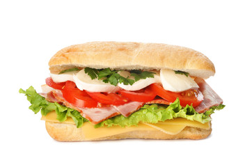 Delicious sandwich with fresh vegetables and mozzarella isolated on white