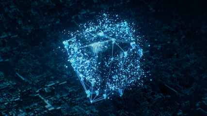 3d render, 3d illustration, abstract tech design, data cube in center, blue particles around, wire tech
