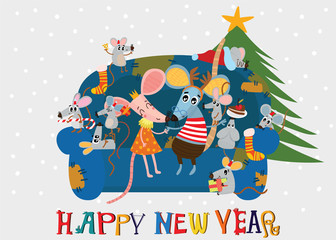 New year and Christmas card with cute mouses family. Cartoon mouse winter print. Cartoon greeting card with symbol of 2020 year.