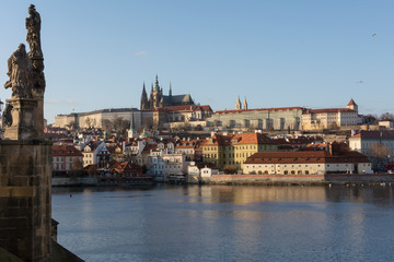 Fototapeta na wymiar View of Mala Strana and View of Mala Strana and Prague castle and St. Vitus Cathedral over Vltava river from Char and St. Vitus Cathedral over Vltava river from Charles Bridge . Prague, Czech Republic