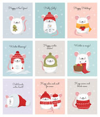 Vector collection of hand drawing cute winter rats in cozy clothes. Creative set of banners with funny mice for New 2020 Year.