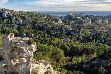 Fototapeta na wymiar View from Oeil d'Erosion over Baux de Provence in the Alpilles, South of France at Sunset