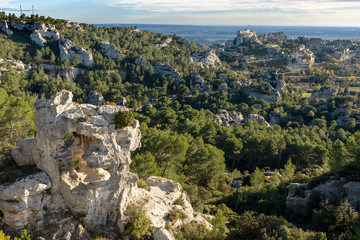 View from Oeil d'Erosion over Baux de Provence in the Alpilles, South of France at Sunset