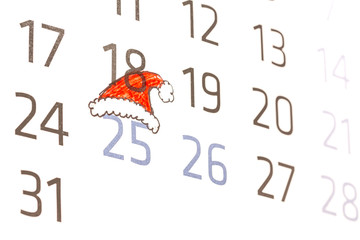 Christmas calendar, concept, christmas wallpaper, holiday calendar Decembre calendar whit 25 date red hats, Day on the calendar. Twenty fifth of December