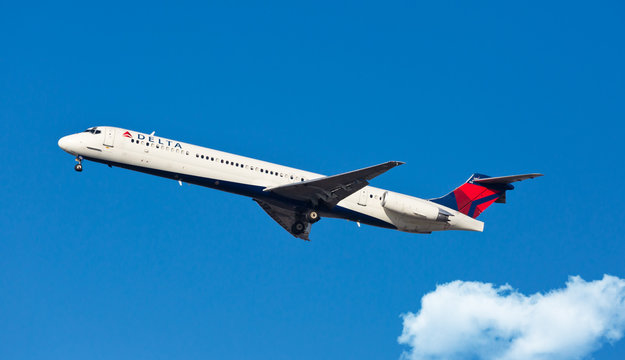 Chicago, USA - January 10, 2018: A Delta Air Lines MD-80 aircraft landing at O'Hare International Airport.