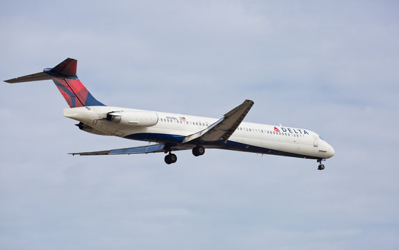 Chicago, USA - February 28, 2018: A Delta Air Lines MD-80 aircraft landing at O'Hare International Airport.