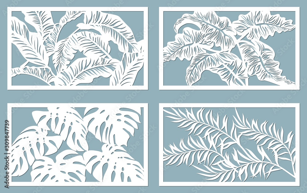 Wall mural set template for cutting. palm leaves pattern. laser cut. vector illustration.