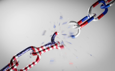 Russia and United States of America as a breaking metal chain. conflict, political confrontation 3d illustration render