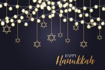 Happy Hanukkah. Traditional Jewish holiday. Chankkah banner background design concept. Judaic religion decor with Menorah, candles, David star. Vector illustration. - obrazy, fototapety, plakaty