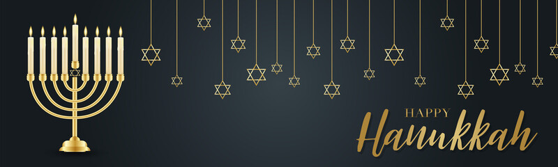 Happy Hanukkah. Traditional Jewish holiday. Chankkah banner or website header background design concept. Judaic religion decor with Menorah, candles, David star. Vector illustration.