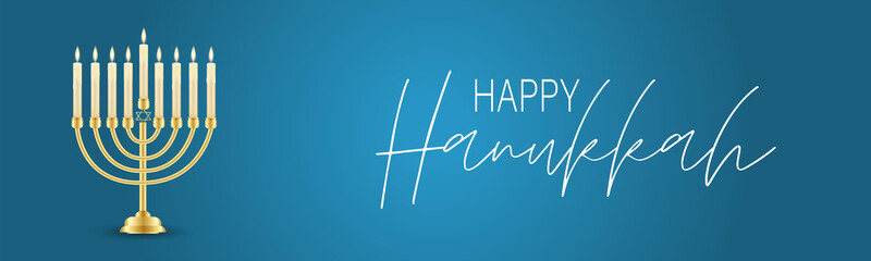 Happy Hanukkah. Traditional Jewish holiday. Chankkah banner or website header background design concept. Judaic religion decor with Menorah, candles, David star. Vector illustration.