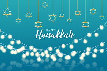 Happy Hanukkah. Traditional Jewish holiday. Chankkah banner or wallpaper background design concept. Judaic religion decor with Menorah, candles, David star. Vector illustration.