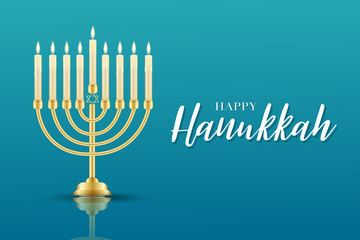 Happy Hanukkah. Traditional Jewish holiday. Chankkah banner or wallpaper background design concept. Judaic religion decor with Menorah, candles, David star. Vector illustration.