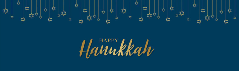 Happy Hanukkah. Traditional Jewish holiday. Chankkah banner or website header background design concept. Judaic religion decor with garland, David star. Vector illustration.