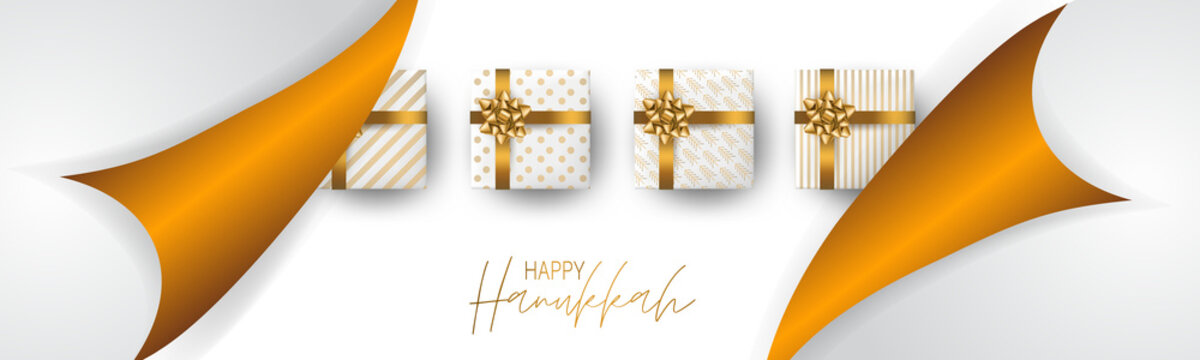 Happy Hanukkah. Traditional Jewish holiday. Chankkah banner or website header background design concept. Judaic religion decor with white luxury gift boxes with golden ribbon. Vector illustration.