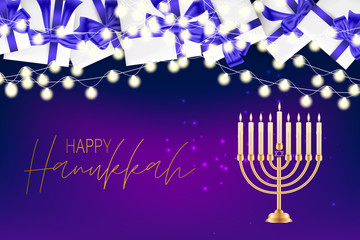 Fototapeta na wymiar Happy Hanukkah. Traditional Jewish holiday celebration. Chankkah banner background design concept. Judaic religion decor - gift boxes with purple ribbon, David Star. Vector illustration.
